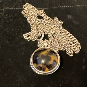 Ralph Lauren Faux Tortoise Shell Cabochon Locket Long Silver Chain